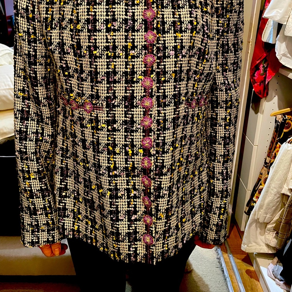 Blazer. Black and white with purple flowers and lots of detail